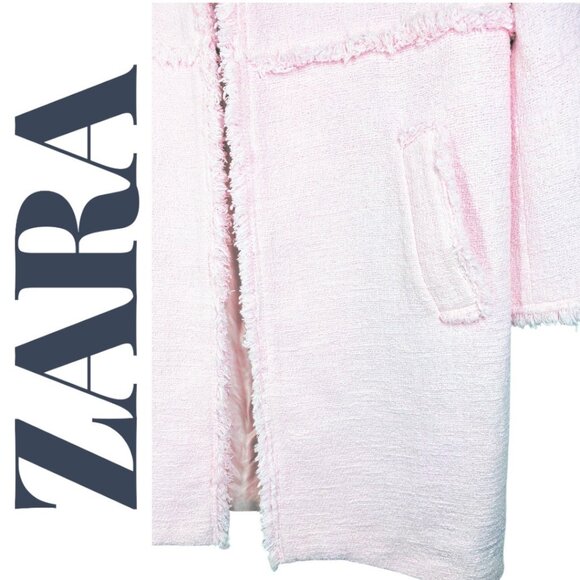 ZARA  Blush Pink Tweed Frayed Edge Longline Open Front Jacket Coat, Size Small - Picture 9 of 13